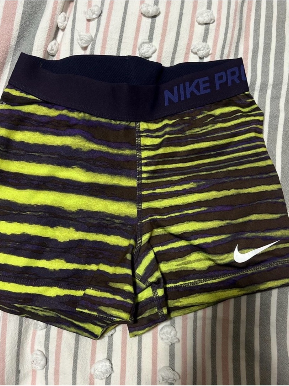 Nike Women's Neon Yellow and Black Striped Athletic Shorts
